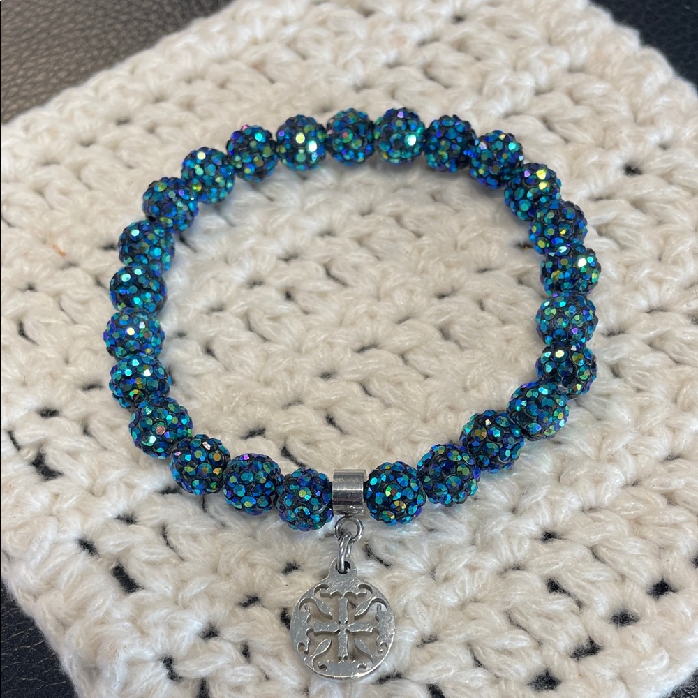 Rustic Cuff Iridescent Blue Bracelet with Silver Medallion